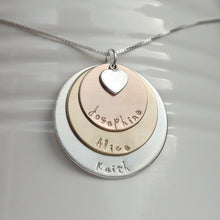 Load image into Gallery viewer, sterling silver, yellow and rose gold three-layer mixed metal mom necklace with kids&#39; names and heart charm