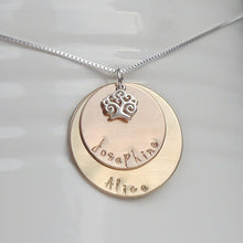 Load image into Gallery viewer, yellow and rose gold mixed metal mom necklace with kids&#39; names and tree of life charm