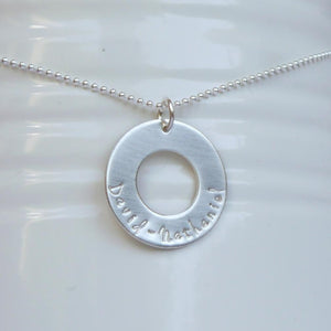 sterling silver unisex washer necklace with kids' names
