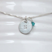 Load image into Gallery viewer, sterling silver tiny disc initial necklace with swarovski birthstone