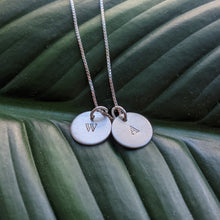 Load image into Gallery viewer, mom necklace for 2 kids with children&#39;s initials on tiny sterling silver discs