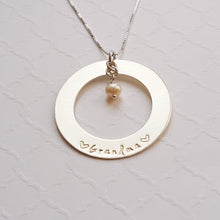 Load image into Gallery viewer, large sterling silver washer necklace with freshwater pearl for grandma