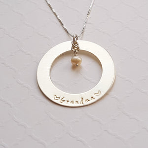 large sterling silver washer necklace with freshwater pearl for grandma