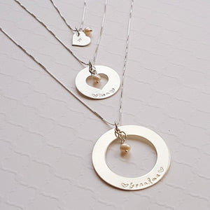 three generation sterling silver cut-out necklace set with freshwater pearls for grandma, mom and daughter