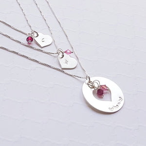 mom-daughter sterling silver cut-out necklace set with birthstones for two daughters